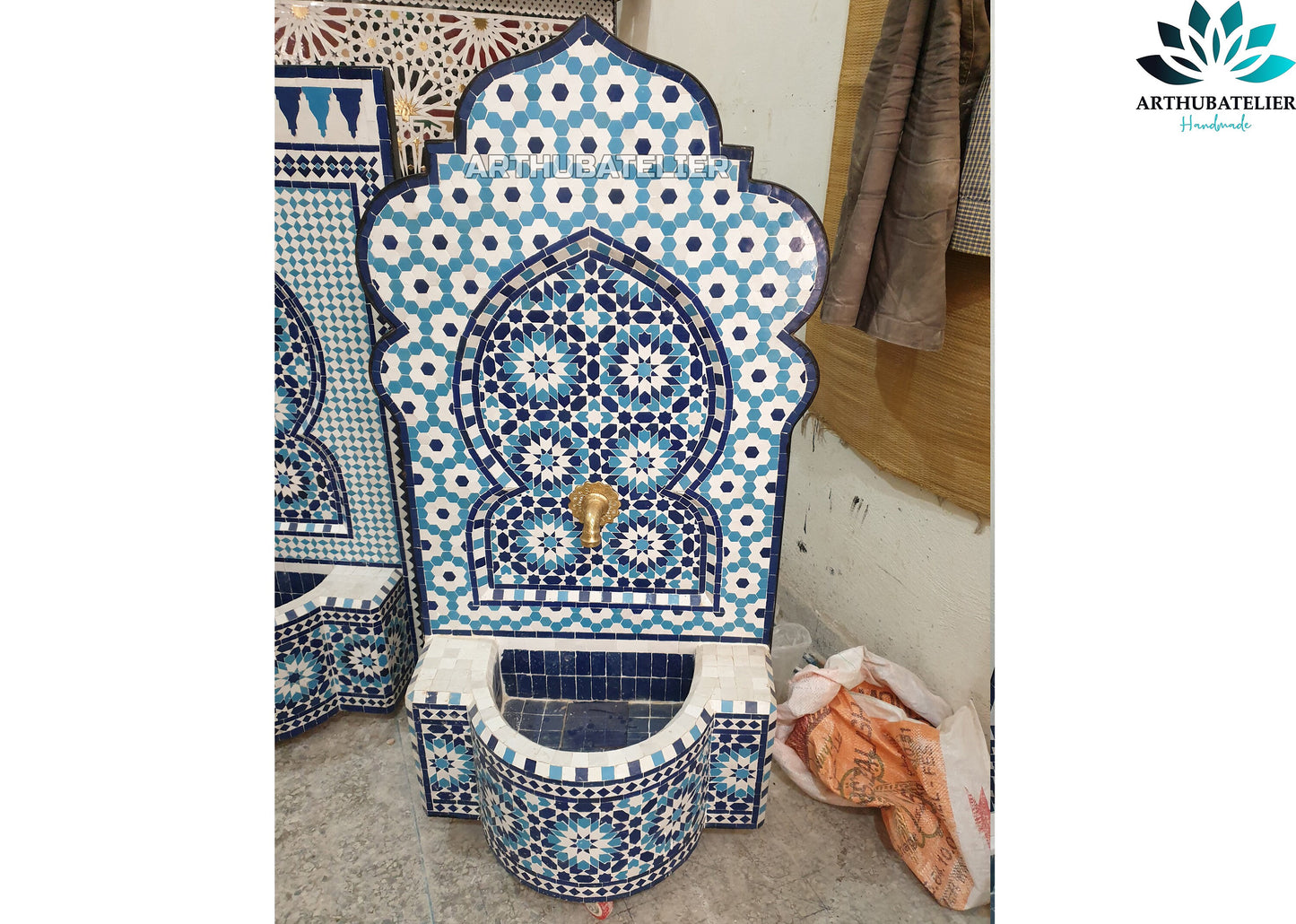 Handmade Moroccan Zellige Fountain – Sky Blue & White Mosaic