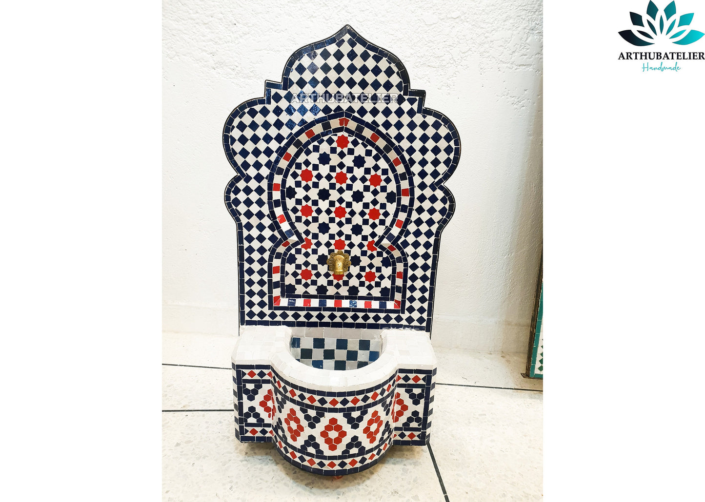 Moroccan Zellige Mosaic Fountain – Red, Blue & White Pattern