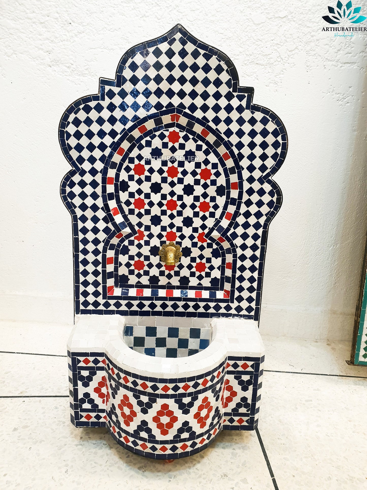 Moroccan Zellige Mosaic Fountain – Red, Blue & White Pattern