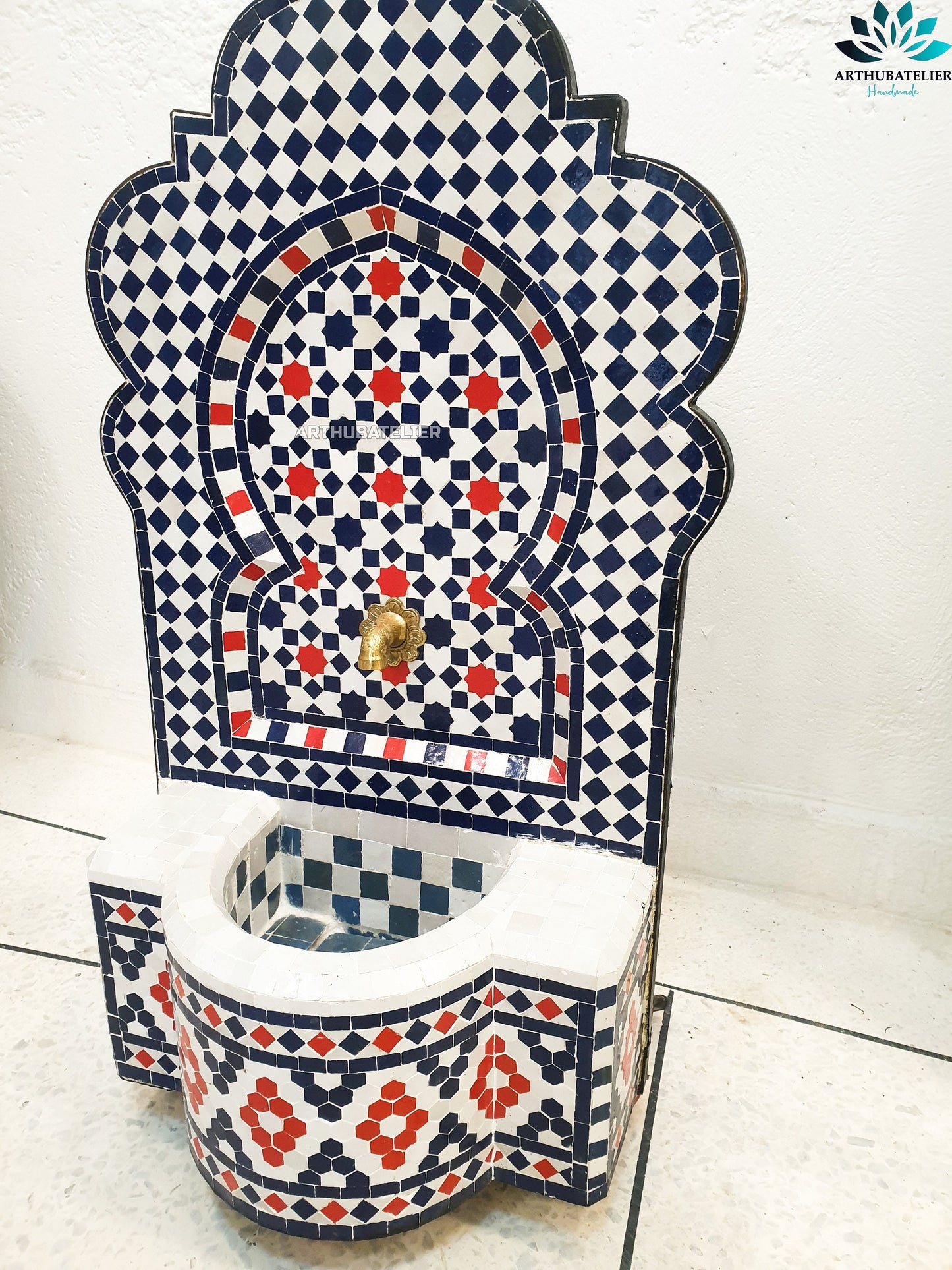 Moroccan Zellige Mosaic Fountain – Red, Blue & White Pattern