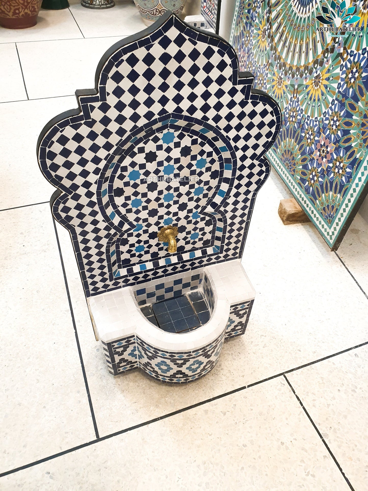 Moroccan Zellige Mosaic Fountain – Timeless Blue & White Elegance