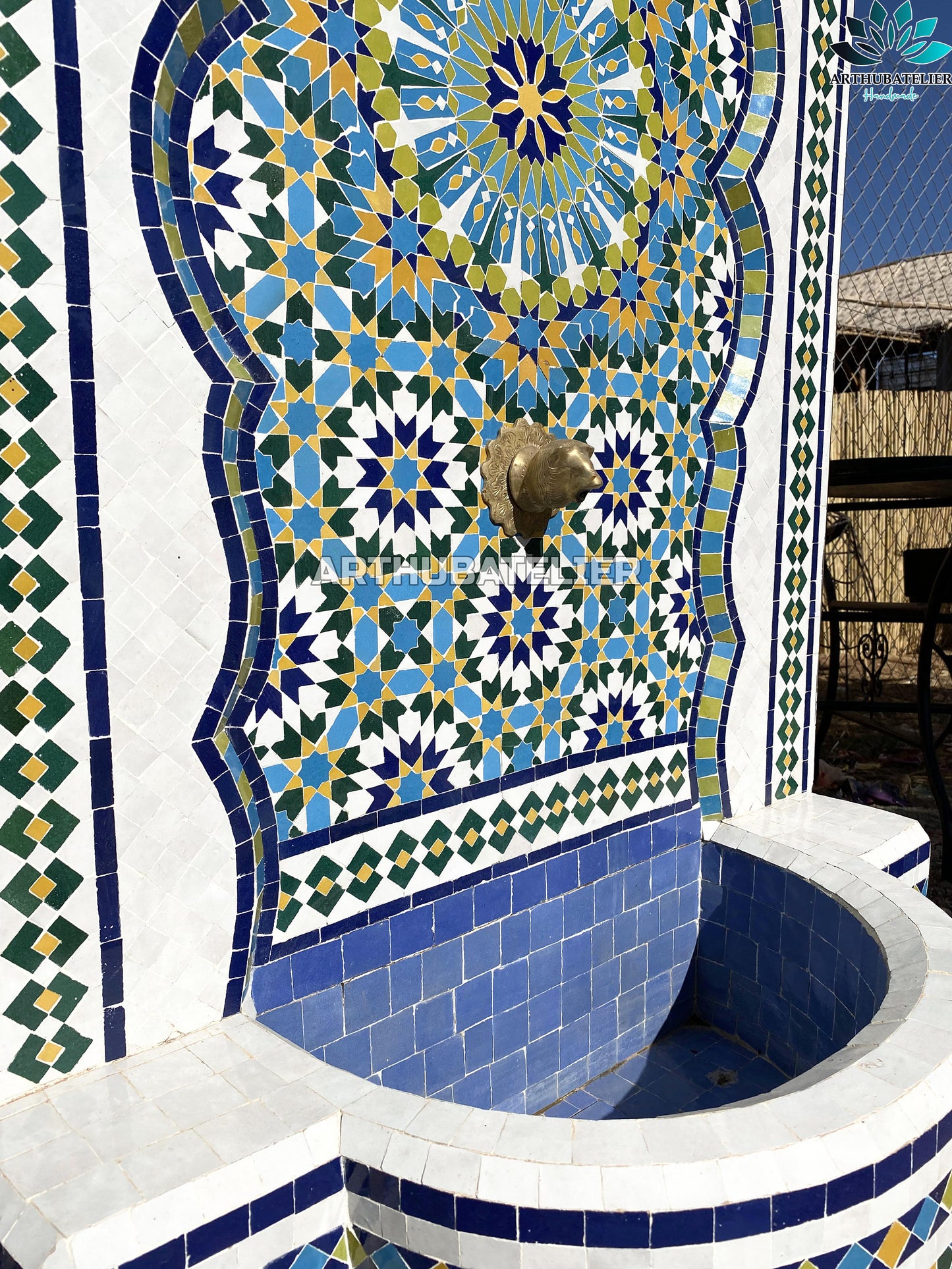 Handcrafted Moroccan Zellige Fountain – Vibrant Blue & Yellow Mosaic