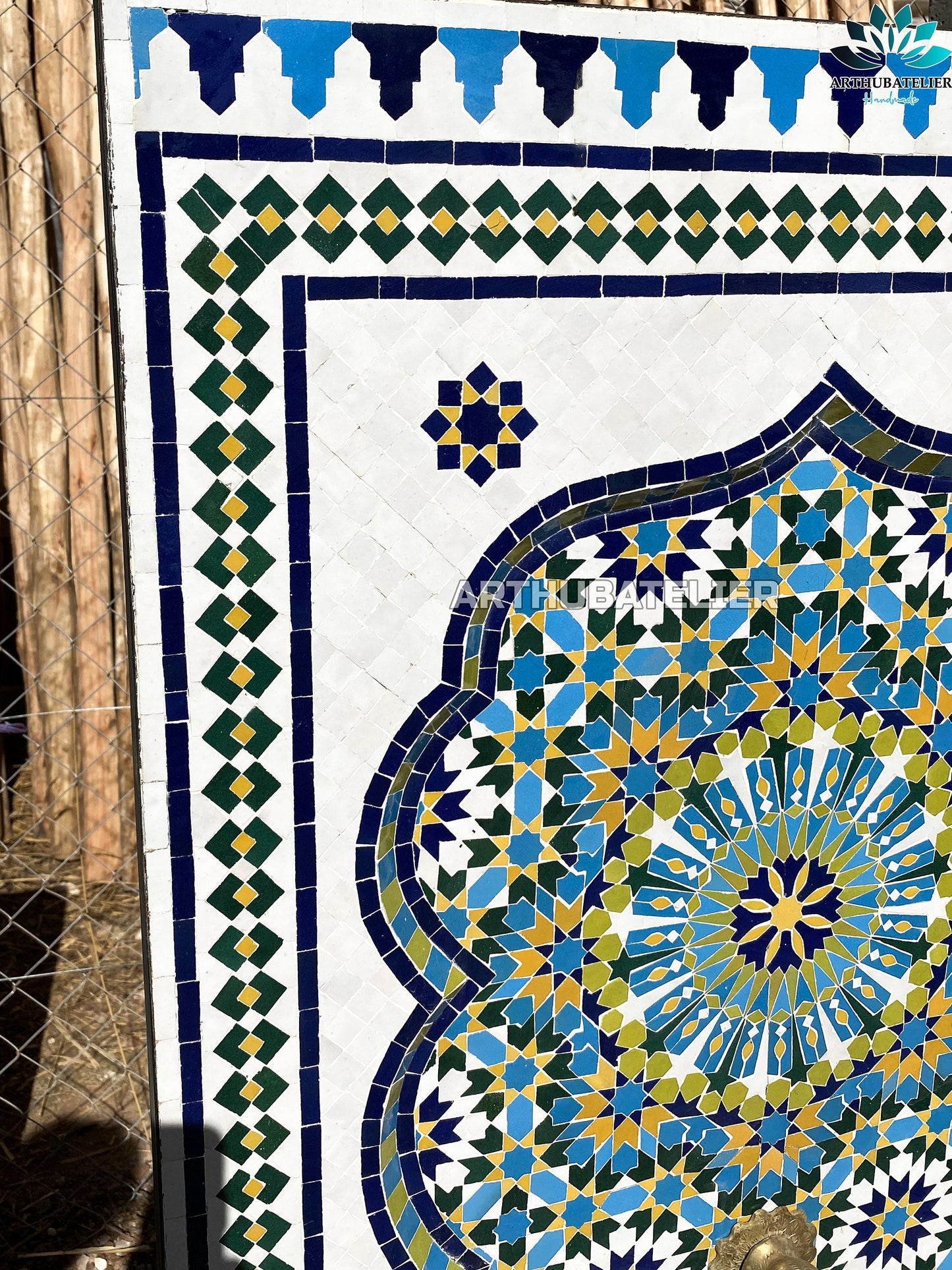 Handcrafted Moroccan Zellige Fountain – Vibrant Blue & Yellow Mosaic