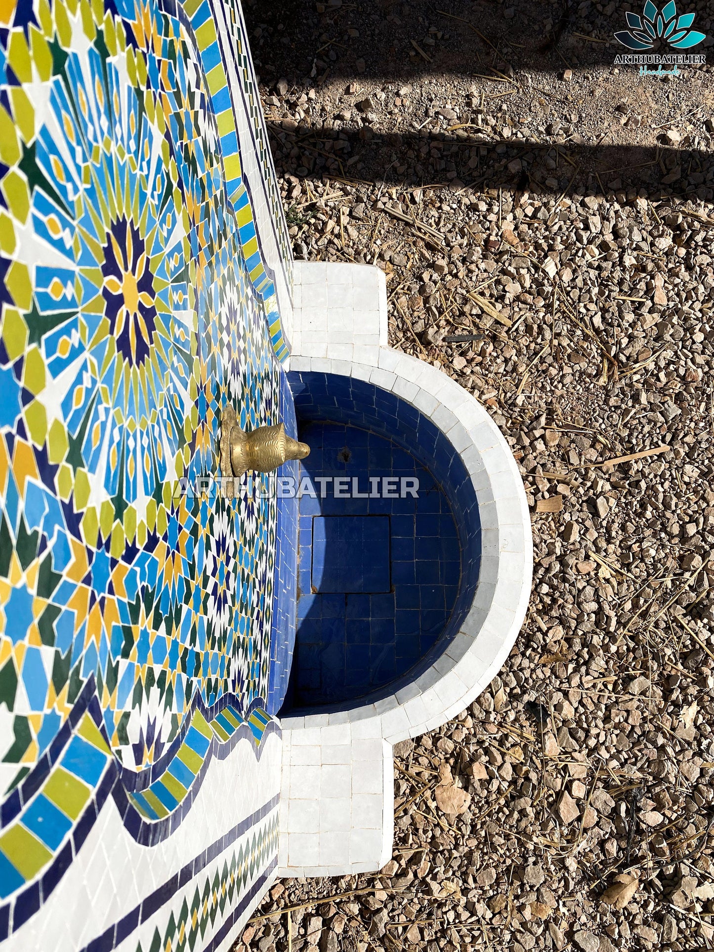 Handcrafted Moroccan Zellige Fountain – Vibrant Blue & Yellow Mosaic