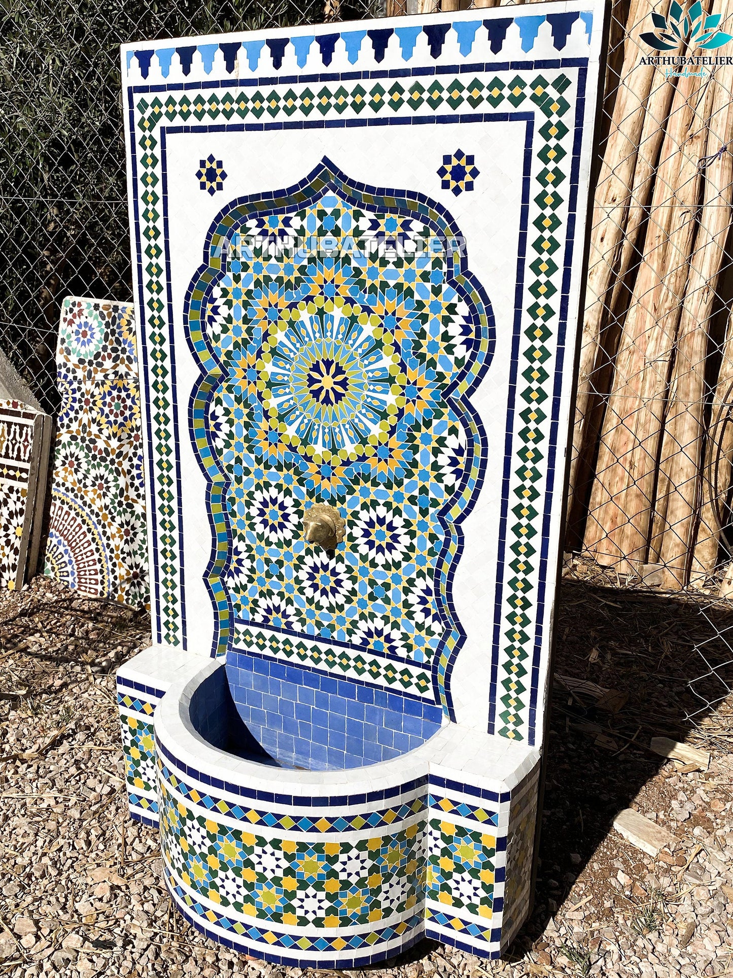 Handcrafted Moroccan Zellige Fountain – Vibrant Blue & Yellow Mosaic