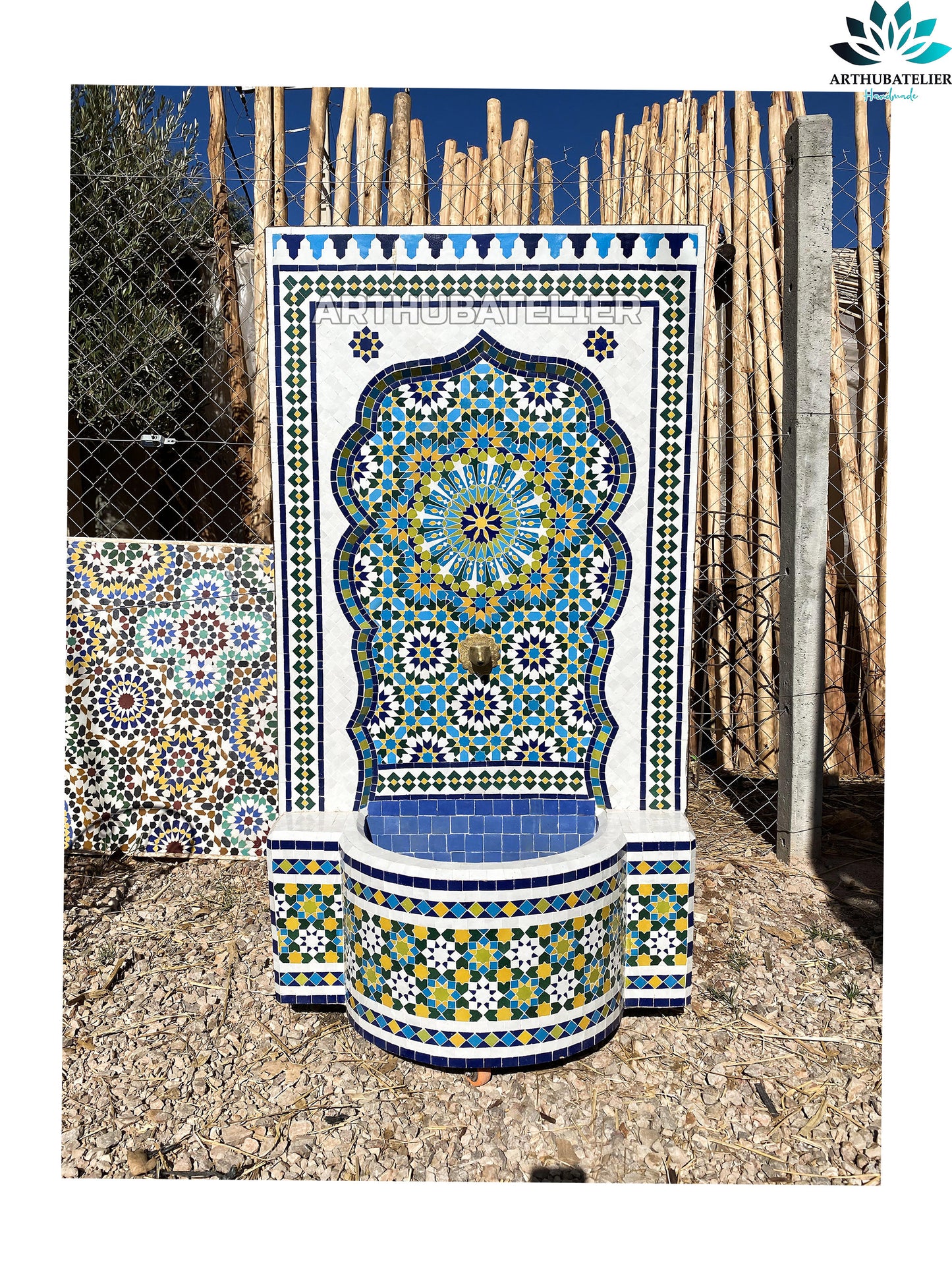 Handcrafted Moroccan Zellige Fountain – Vibrant Blue & Yellow Mosaic