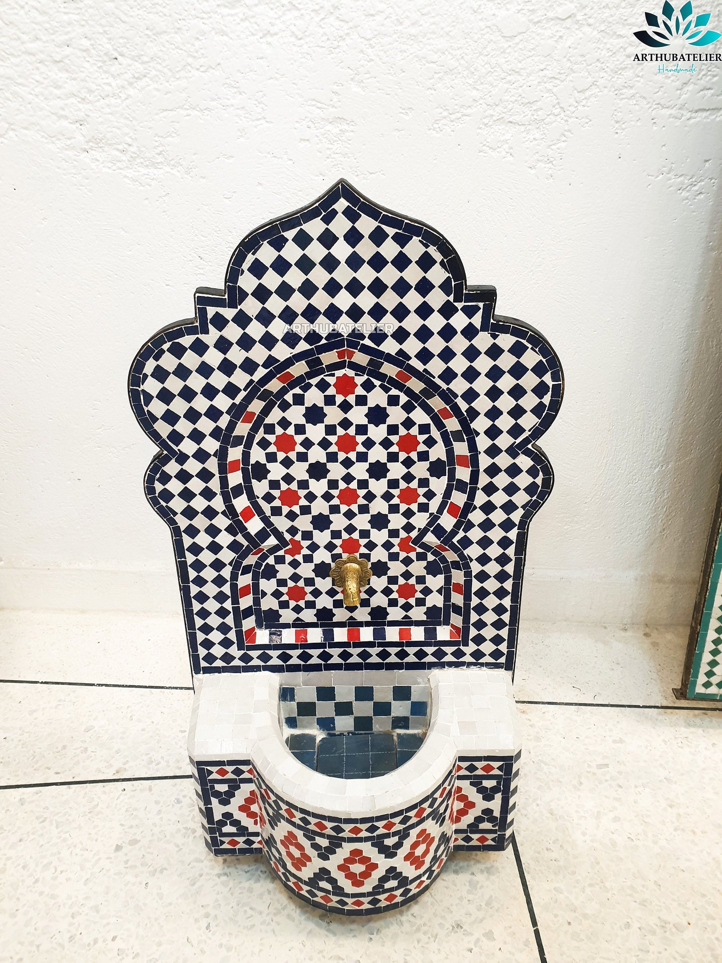 Moroccan Zellige Mosaic Fountain – Red, Blue & White Pattern