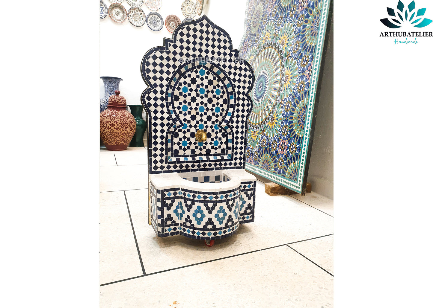 Moroccan Zellige Mosaic Fountain – Timeless Blue & White Elegance