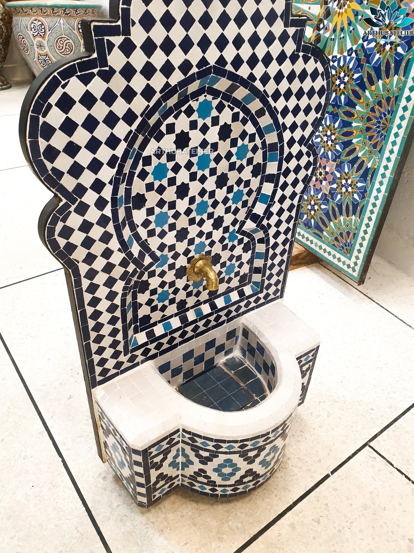 Moroccan Zellige Mosaic Fountain – Timeless Blue & White Elegance