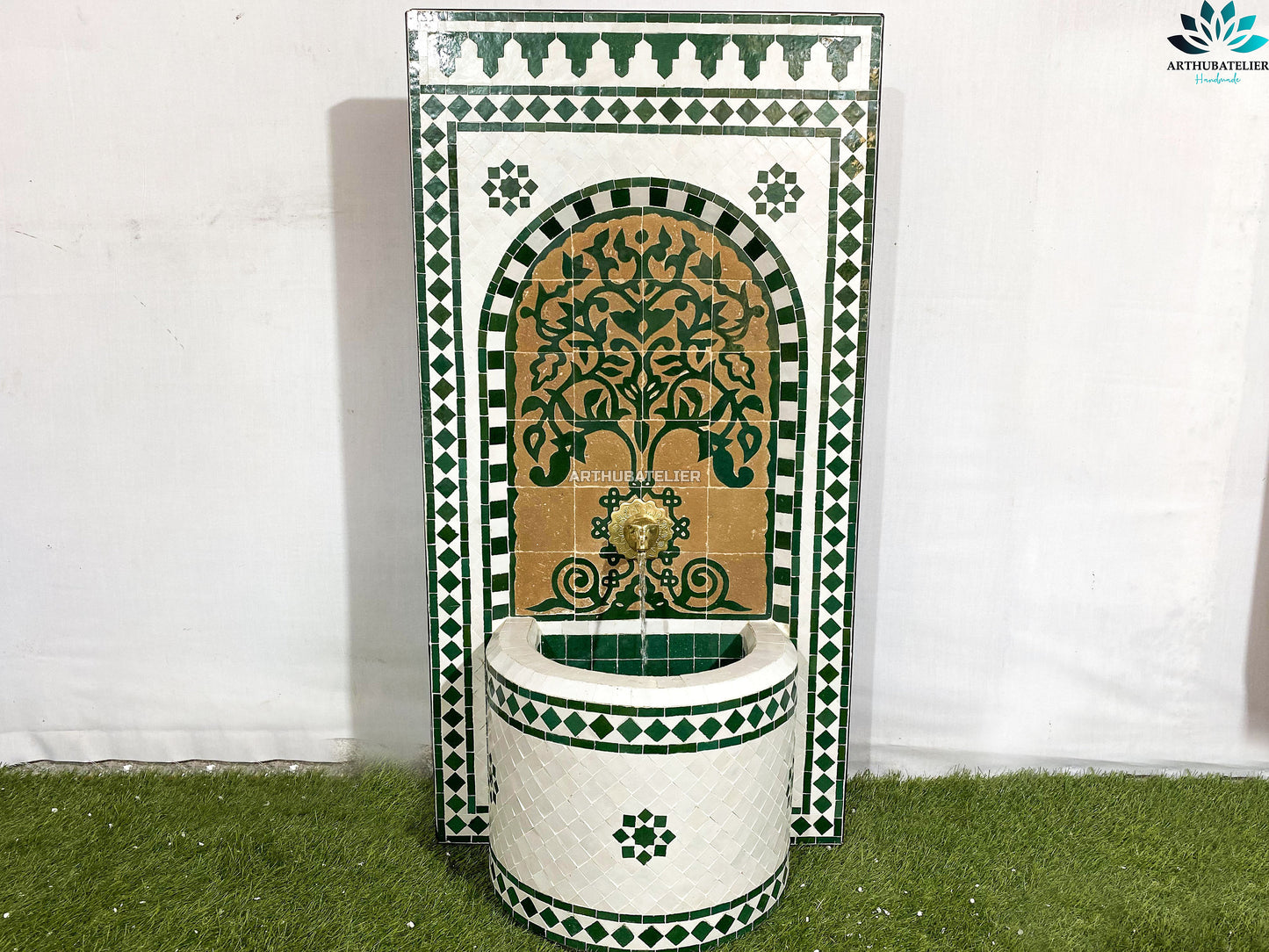 Handmade Moroccan Zellige Fountain – Green & Gold Elegance