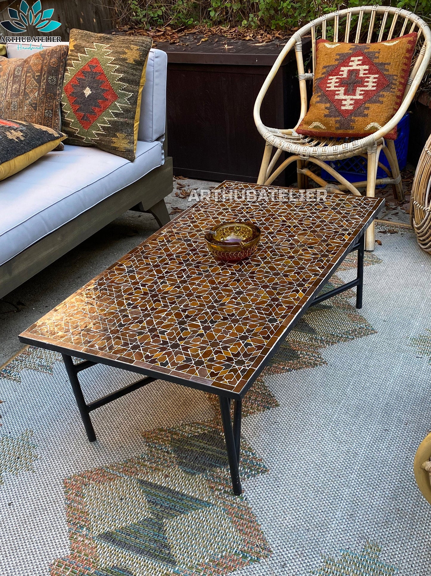 mosaic Table for outdoor & indoor, mosaic Table 100% handcrafted brown, built with mid century modern styling