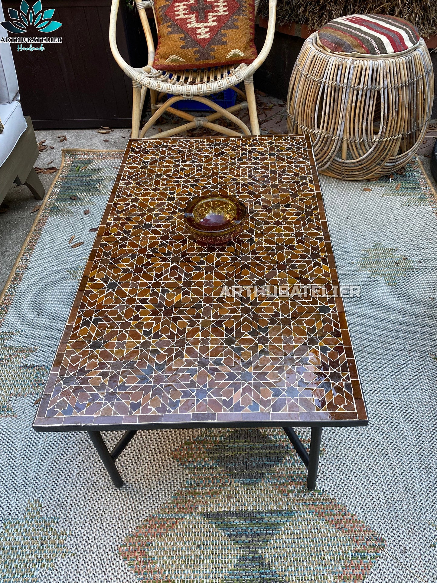 mosaic Table for outdoor & indoor, mosaic Table 100% handcrafted brown, built with mid century modern styling