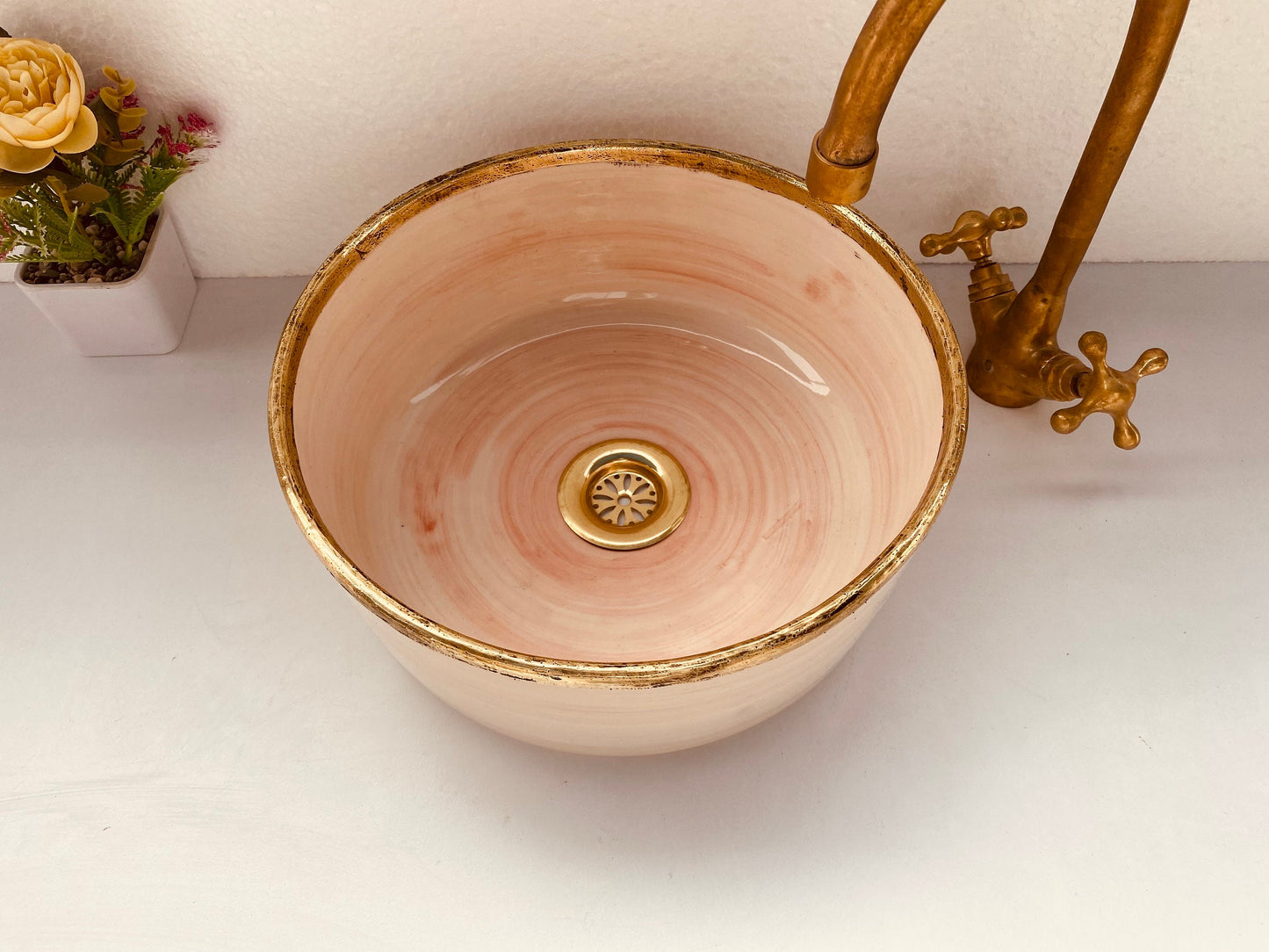 Pink Bathroom veseel sink Brushed Solid Brass Rimmed  -  washBasin with Mid-Century Modern  - Artisanal Farmhouse basin free gift with