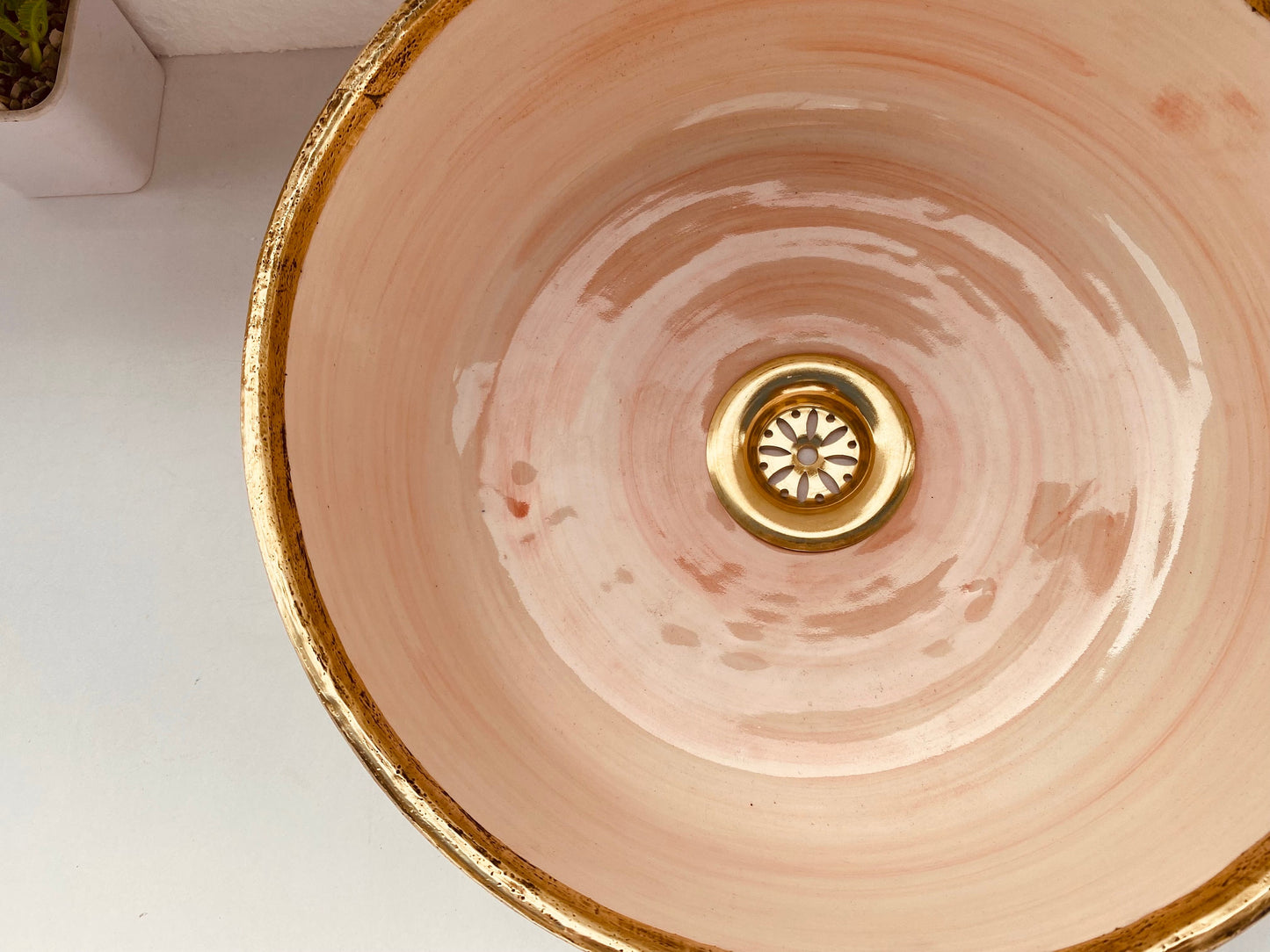 Pink Bathroom veseel sink Brushed Solid Brass Rimmed  -  washBasin with Mid-Century Modern  - Artisanal Farmhouse basin free gift with